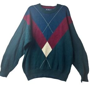 Vintage Par Four Mens XL Sweater Colorblock Chevron Knit Ramie Cotton Teal Blue